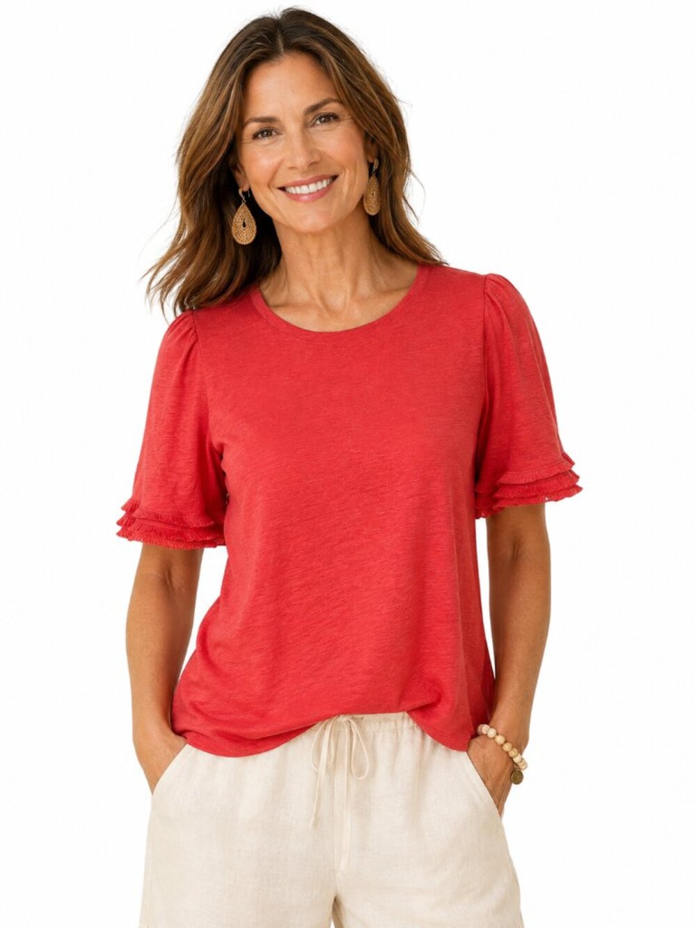 Chico's NWT Linen Fringe Sleeve Tee Top Short Sleeve Chrysanthemum Coral Size 0